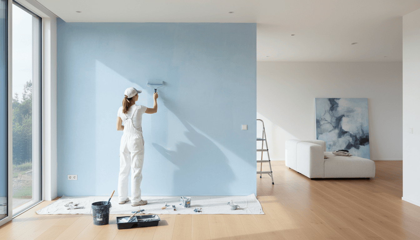 Professional painter carefully applying paint to a wall with precision