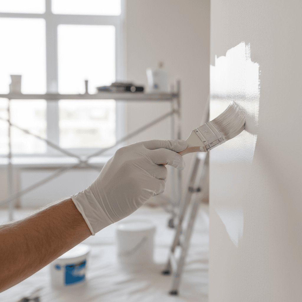 Painter carefully applying fresh paint to a wall