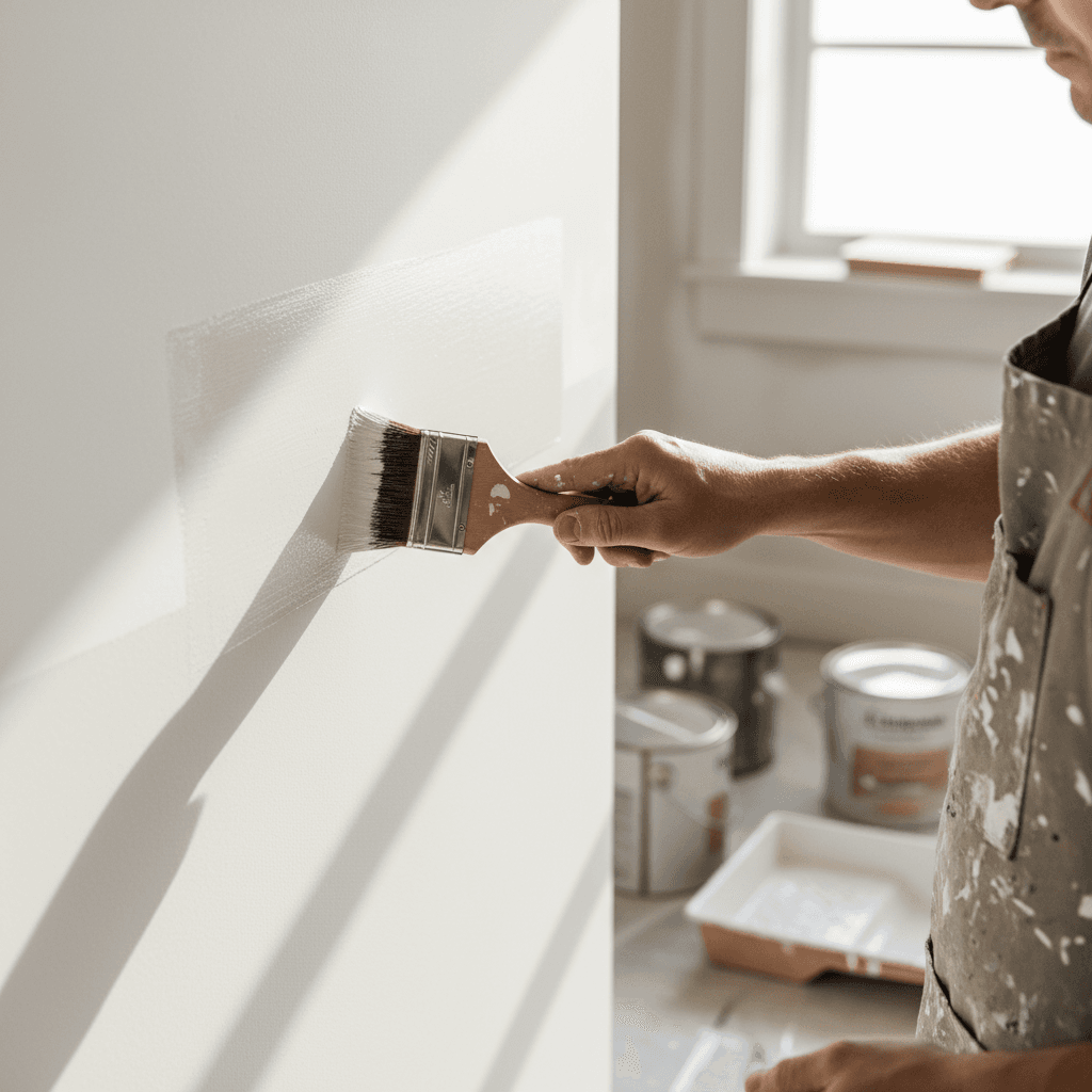 Skilled painter working on interior wall with professional finish and attention to detail